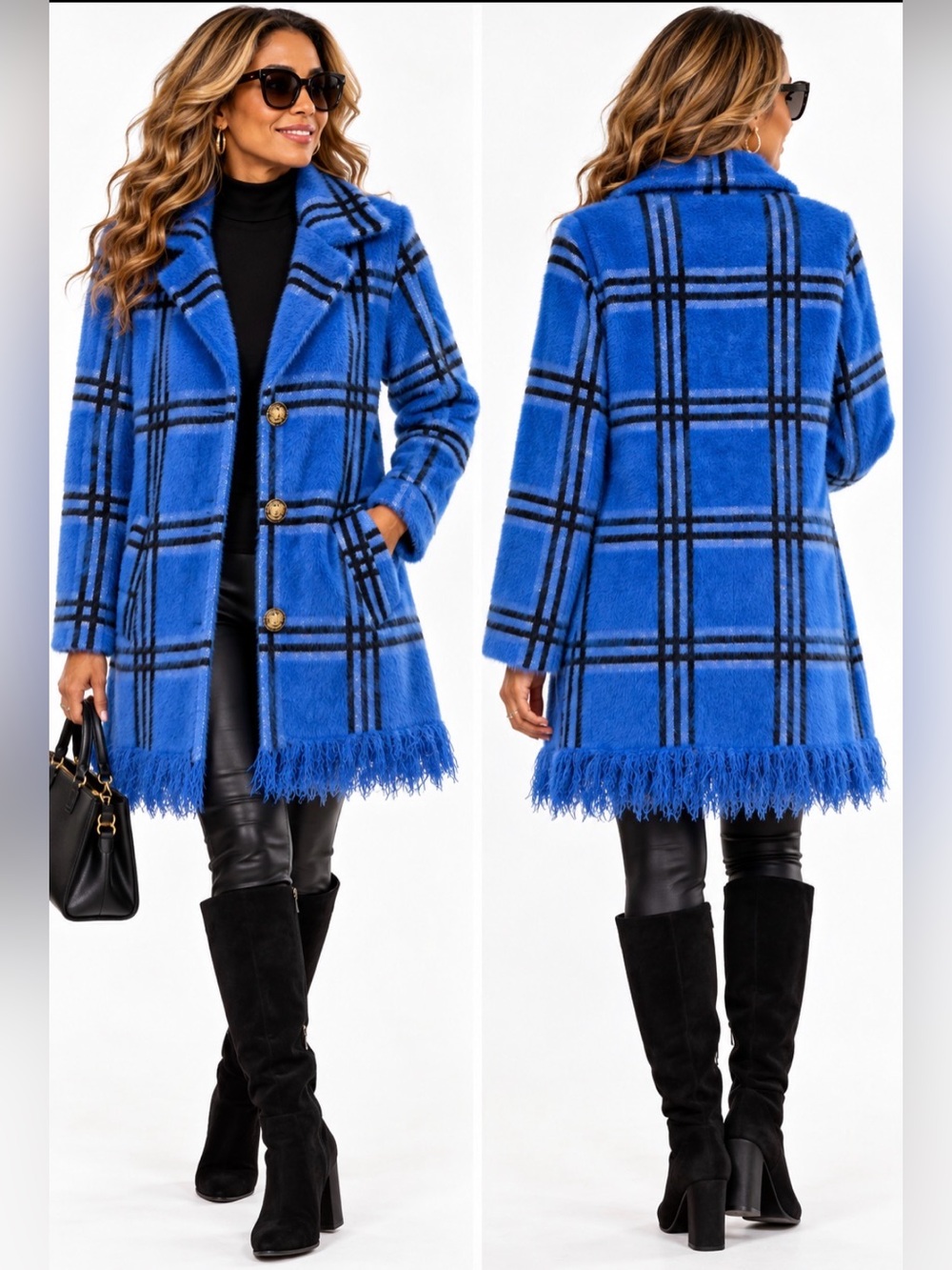 NVLT Women’s XL Blue Plaid Fuzzy Fringe Coat Jacket Statement Outerwear NWOT